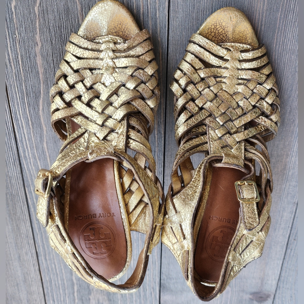 Tory Burch Metallic Gold Woven Sandals Sz 5